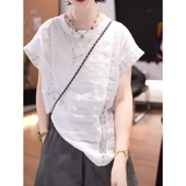 新款 设计感蕾丝镂空纯色亚麻圆领短袖 T恤女夏季 百搭休闲上衣