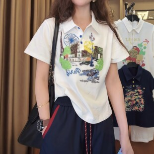 重工巴黎铁塔刺绣翻领短袖T恤女2026夏季新款休闲百搭显瘦POLO衫