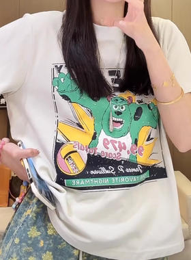 卡通怪兽印花圆领短袖T恤女2026夏季新款时尚百搭休闲简约上衣ins