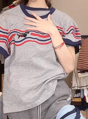 卡通小狗印花撞色印花短袖T恤女2025夏季新款时尚宽松百搭上衣女