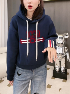 字母印花宽松百搭大码 潮牌加绒加厚连帽卫衣女2024秋冬新款 上衣潮