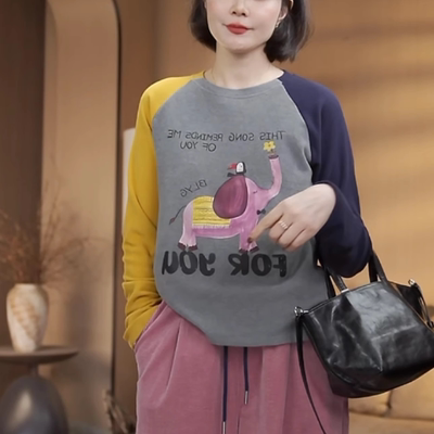 加厚双面澳绒撞色印花T恤女2025春季新款卡通小象印花保暖打底衫