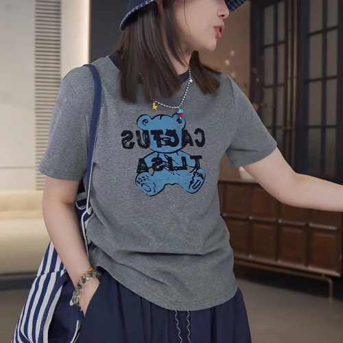 【送运费险】小熊字母短袖T恤女
