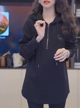 设计感加厚连帽半拉链黑色卫衣女宽松百搭显瘦中长款大码上衣潮