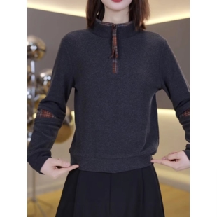 双面澳绒格子拼接半拉链长袖 卫衣女韩系休闲百搭减龄显瘦保暖上衣