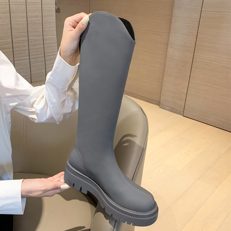 2025秋冬新款真皮西部牛仔靴女复古v口长靴不过膝长筒骑士靴高筒