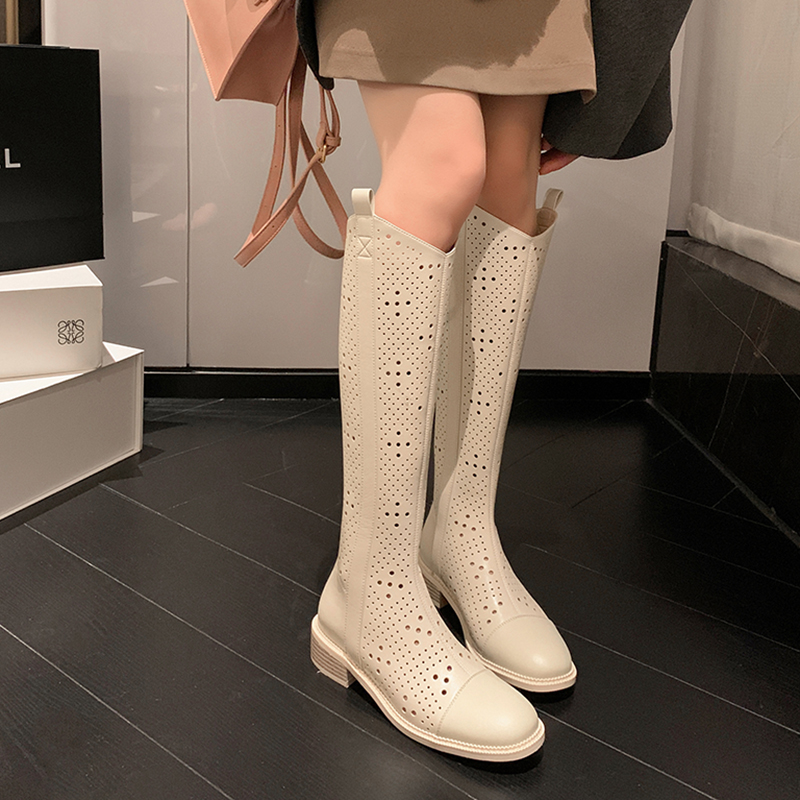 薄款高筒女靴子罗马粗跟长筒靴