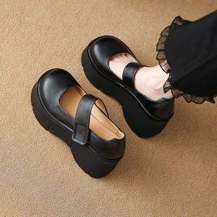 真皮增高小皮鞋 9cm松糕厚底魔术贴圆头浅口玛丽珍单鞋 女2025新款