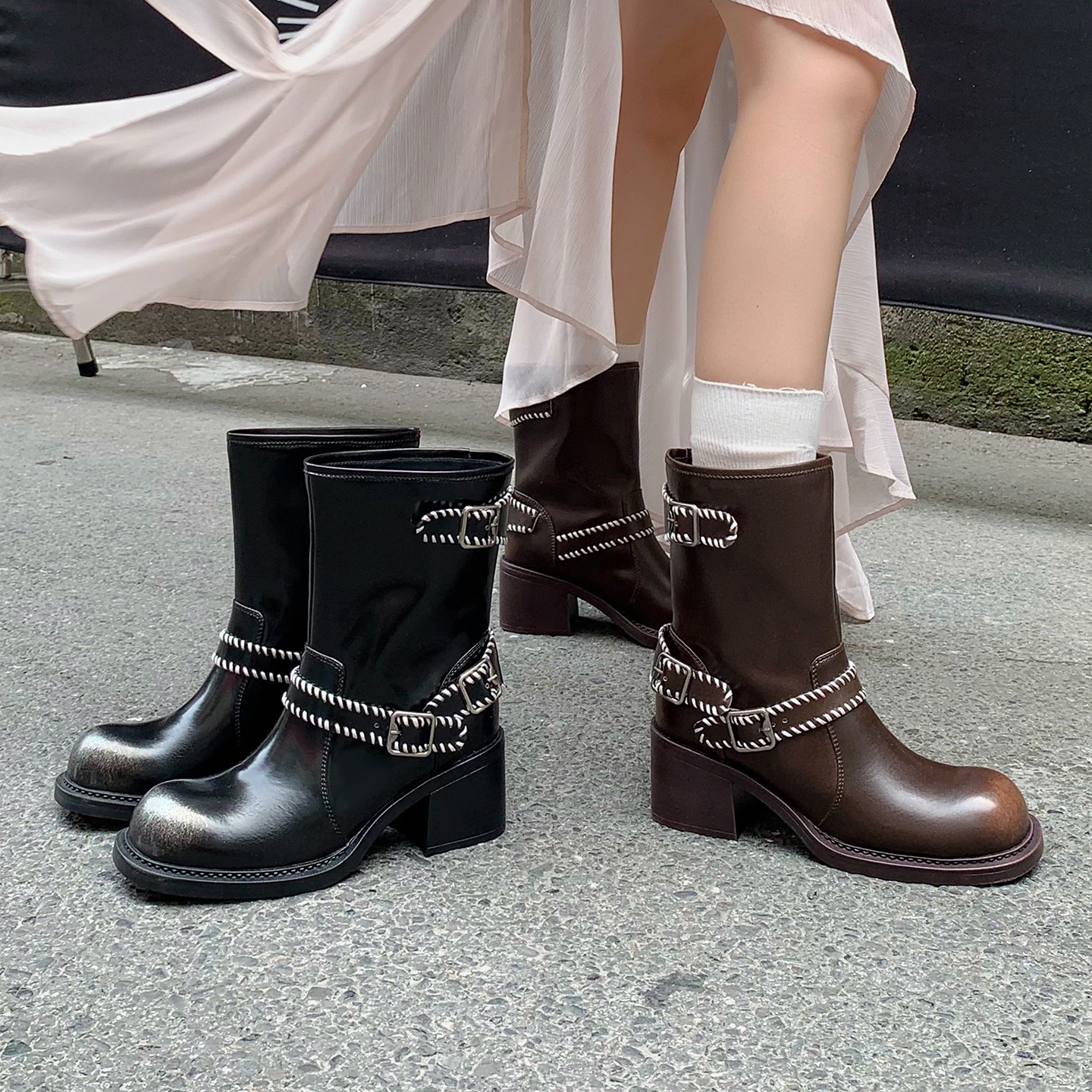 粗跟马丁靴小众扣带短筒骑士靴