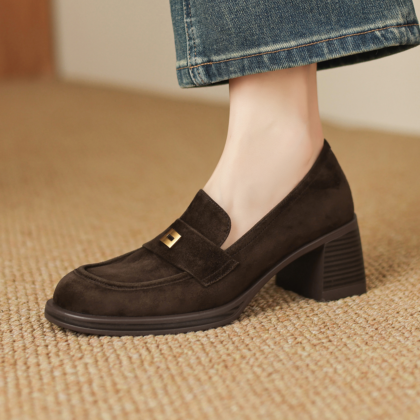 6cm粗跟加绒保暖乐福鞋女单鞋