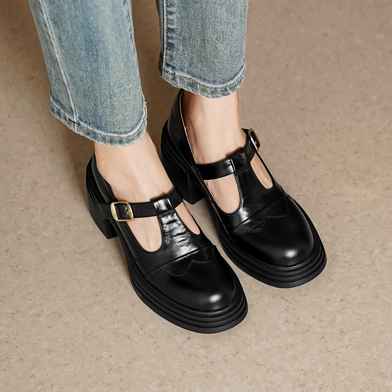 t扣带粗跟小皮鞋百搭通勤高跟鞋
