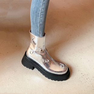 秋冬厚底骑士靴子女2025年真皮粗跟薄款 马丁靴侧拉链街头百搭短靴