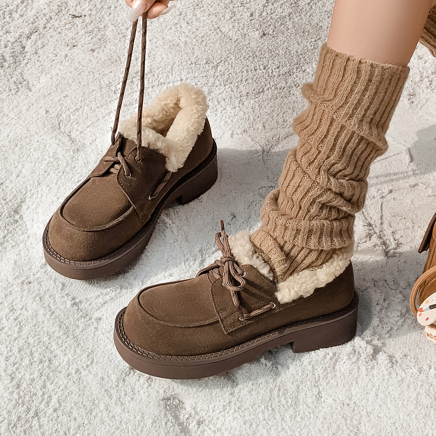 厚底系带乐福鞋百搭磨砂皮毛毛鞋
