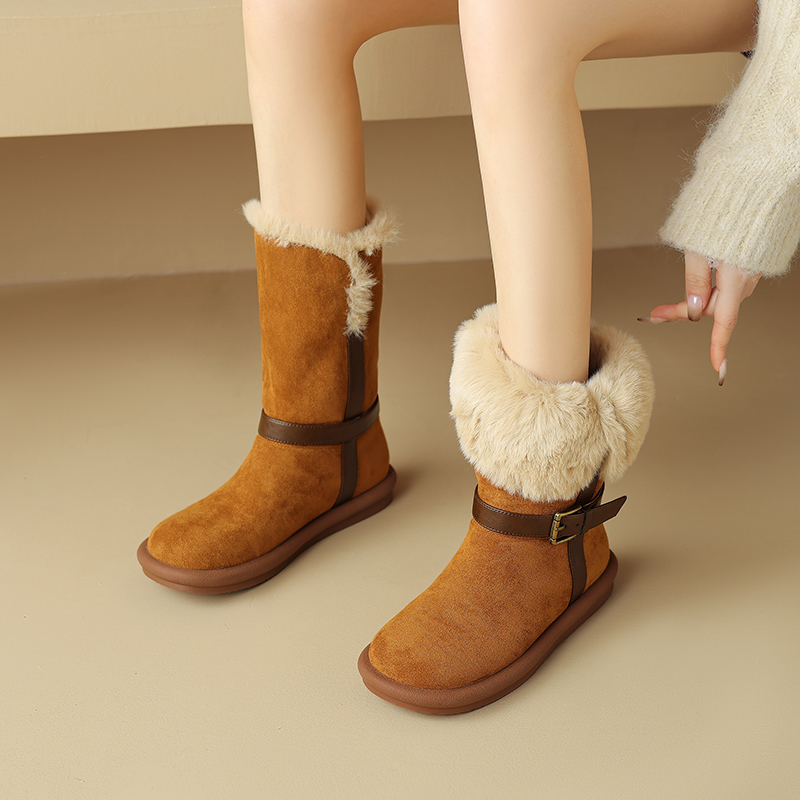 平底中筒扣带加绒雪地靴女款