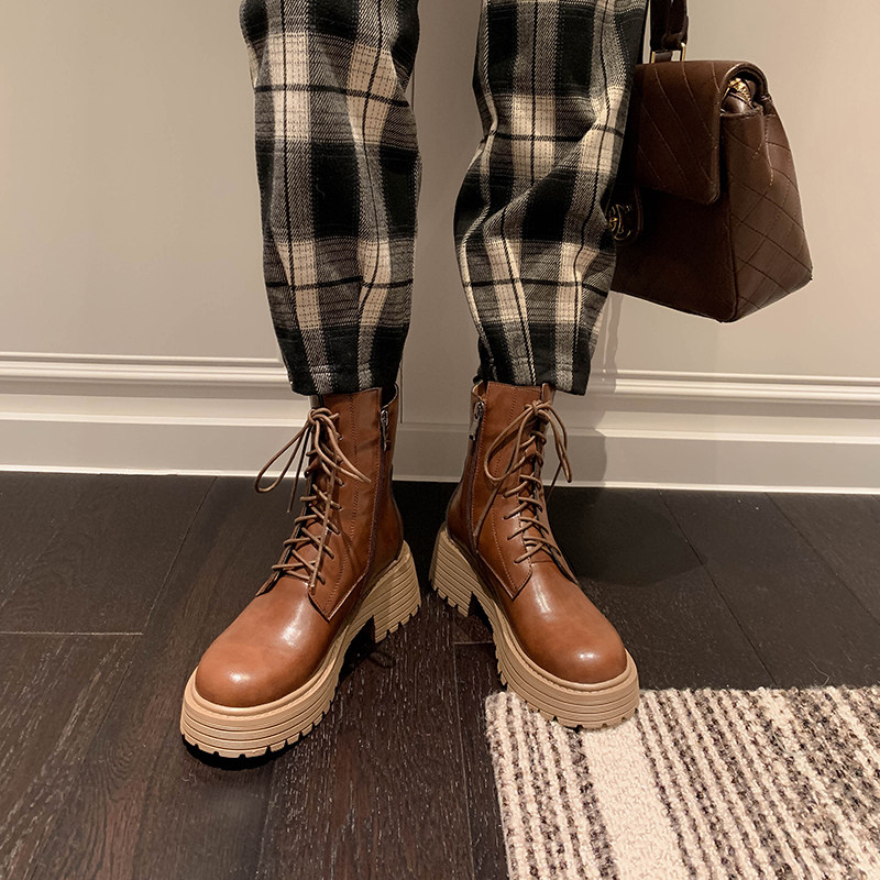 真皮靴子棕色厚底增高显瘦短靴