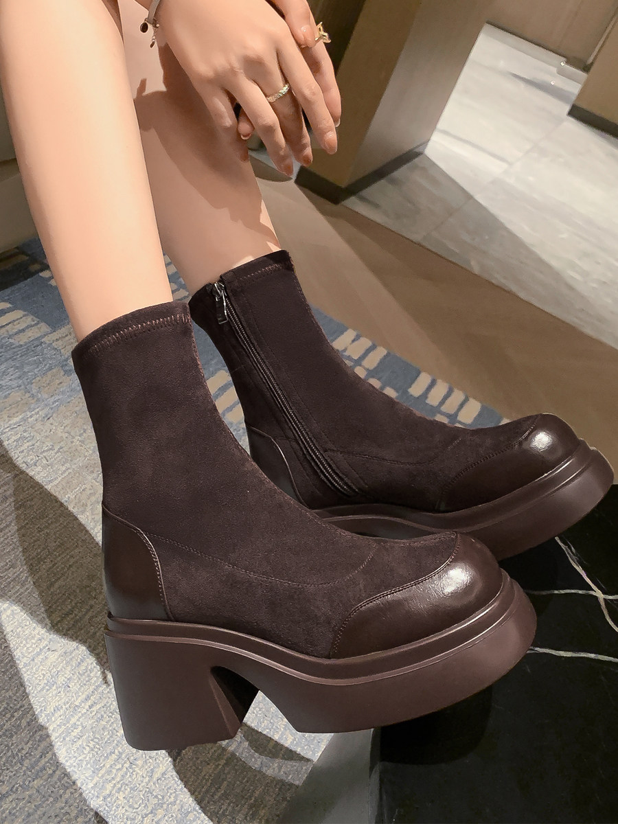 PLATFORM BOOTIES WOMENS 2024 NEW AUTUMN STRETCH SKINNY BOOTS BRITISH STYLE RETRO MARTIN BOOTS BROWN SINGLE BOOTS