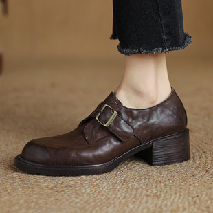 百搭单鞋 真皮复古一脚蹬乐福鞋 女2025新款 4.5cm英伦风粗跟小皮鞋
