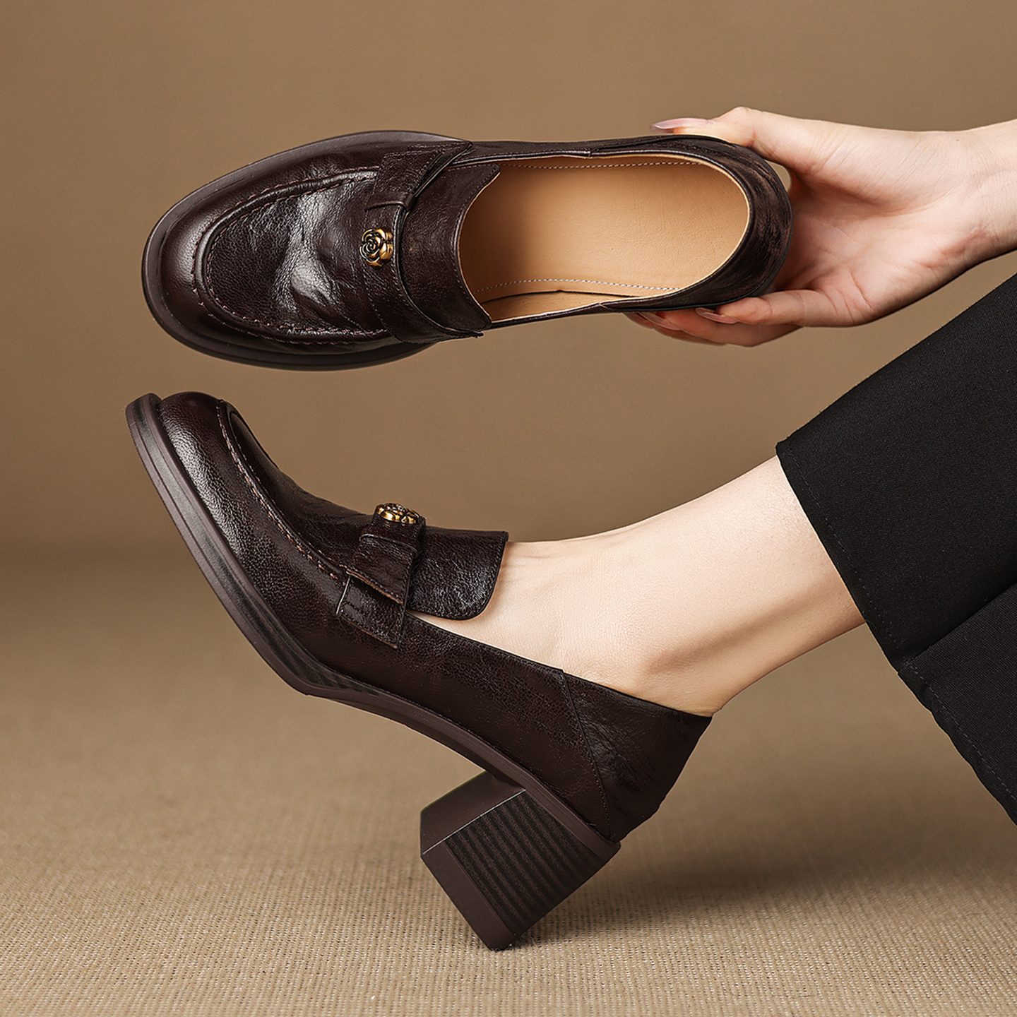 6cm高跟山茶花加绒保暖乐福鞋女