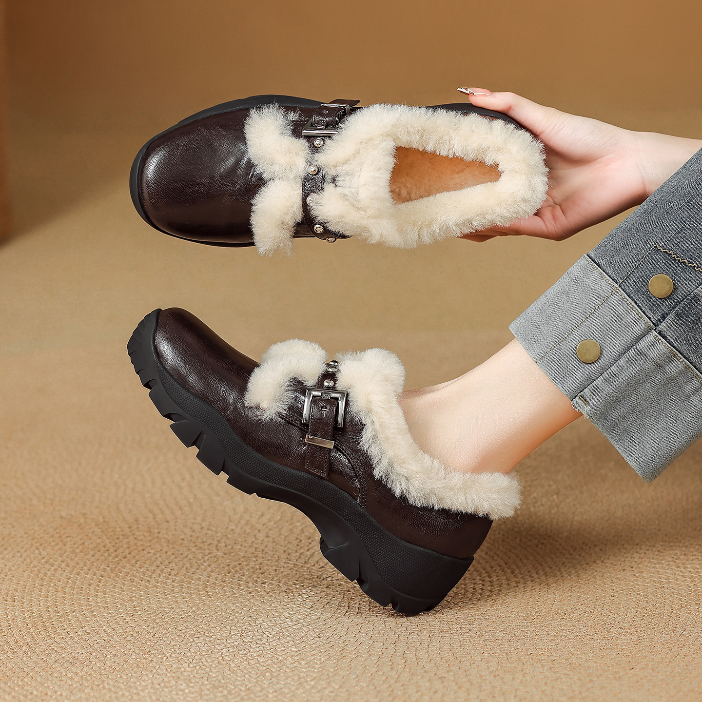 英伦风加绒厚底配羊毛保暖乐福鞋