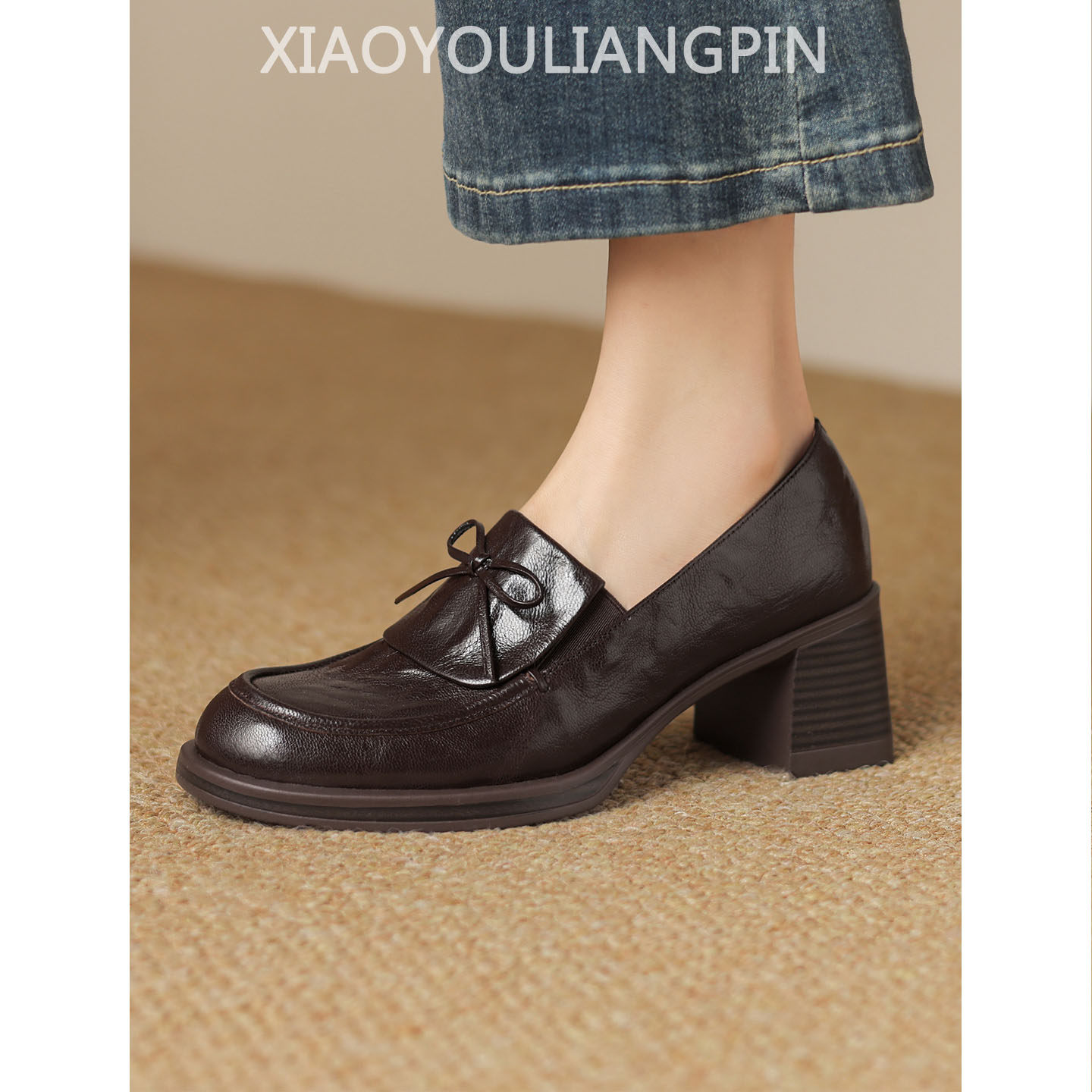 6cm复古圆头蝴蝶结高跟小皮鞋女