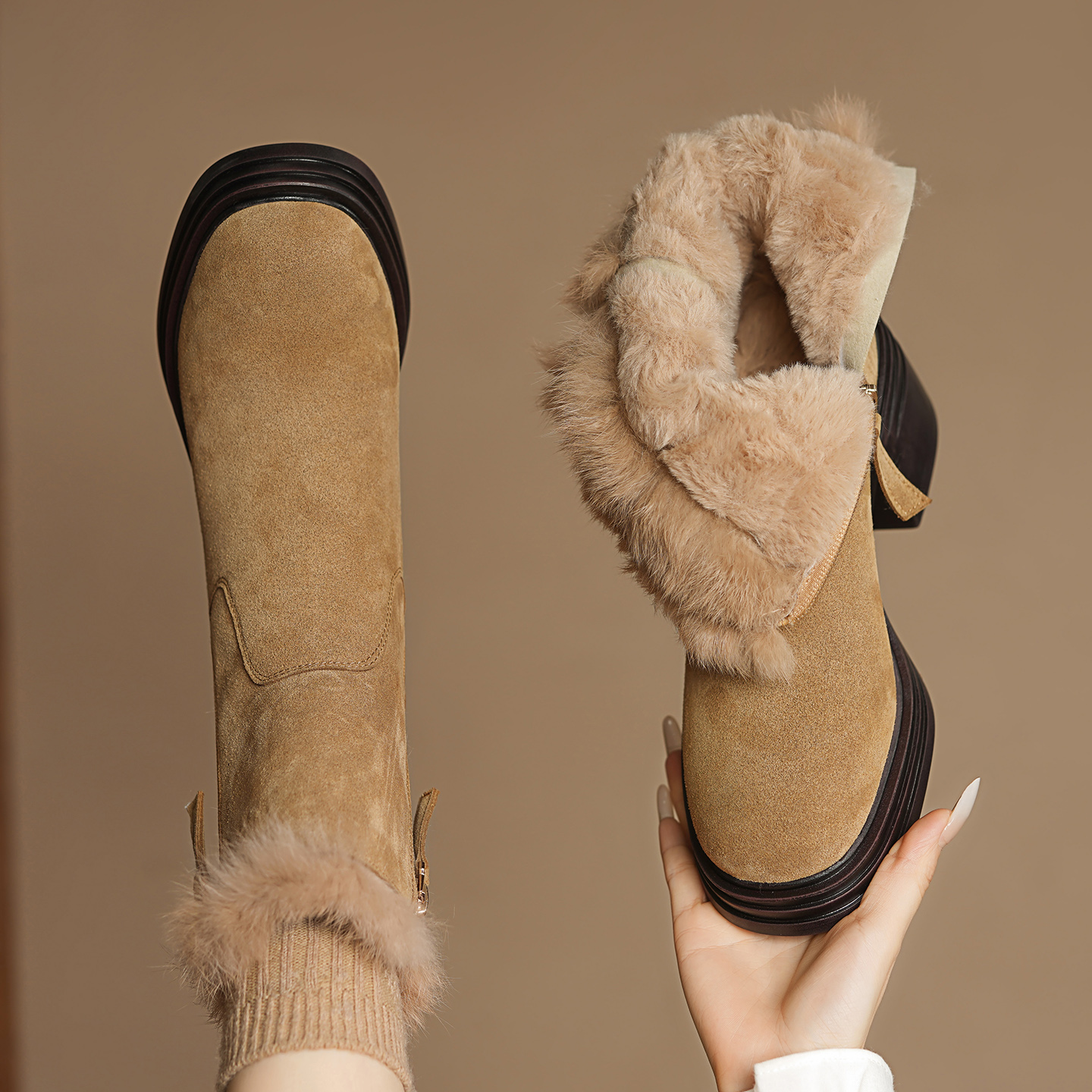 7CM磨砂牛皮加绒加厚雪地靴女