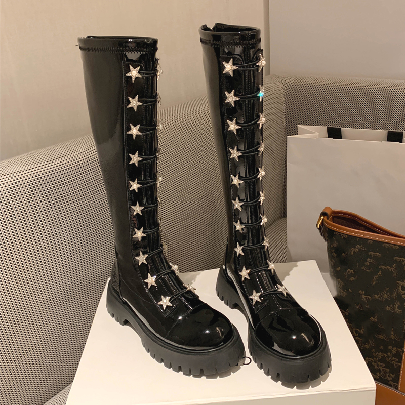 厚底加绒长筒靴英伦风星星骑士靴
