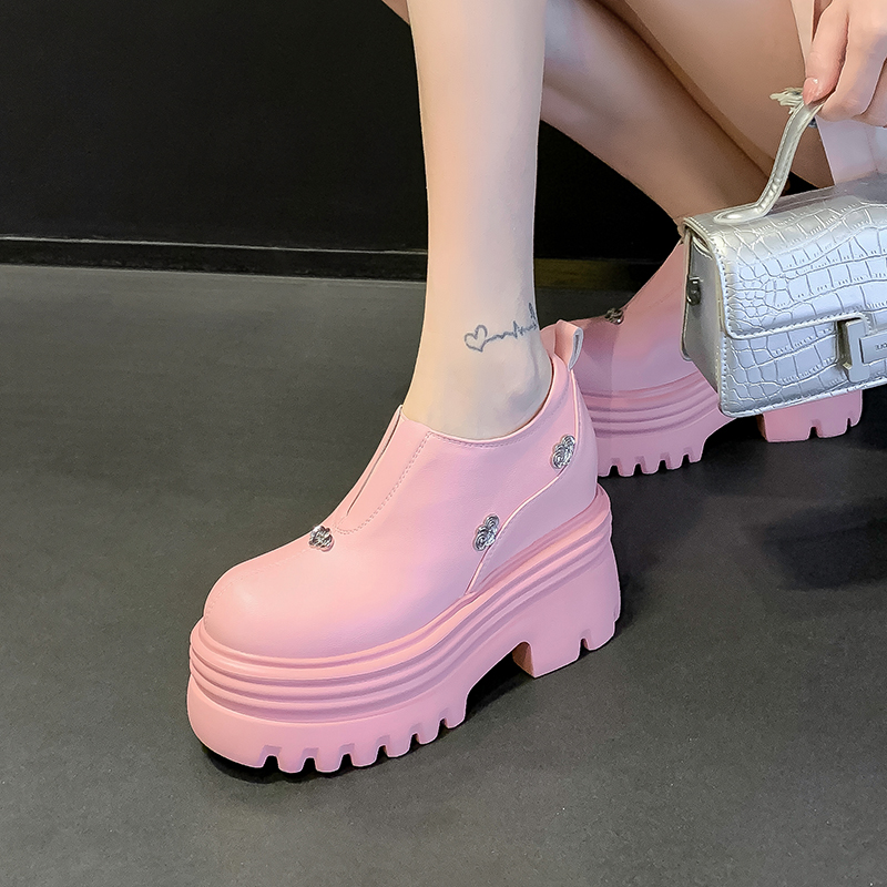 真皮粉色内增高厚底松糕小皮鞋女