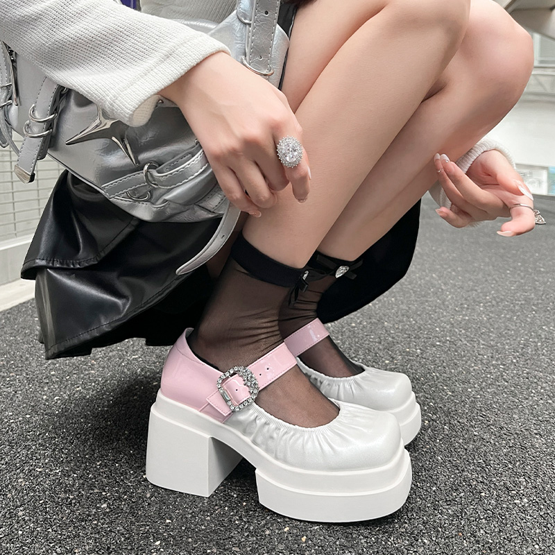 甜美水钻一字带玛丽珍鞋女真皮