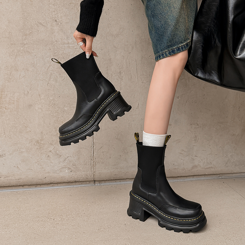 圆头针织烟筒靴高跟显瘦切尔西靴