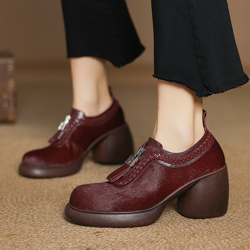 粗跟高跟真皮马毛乐福鞋女2025款