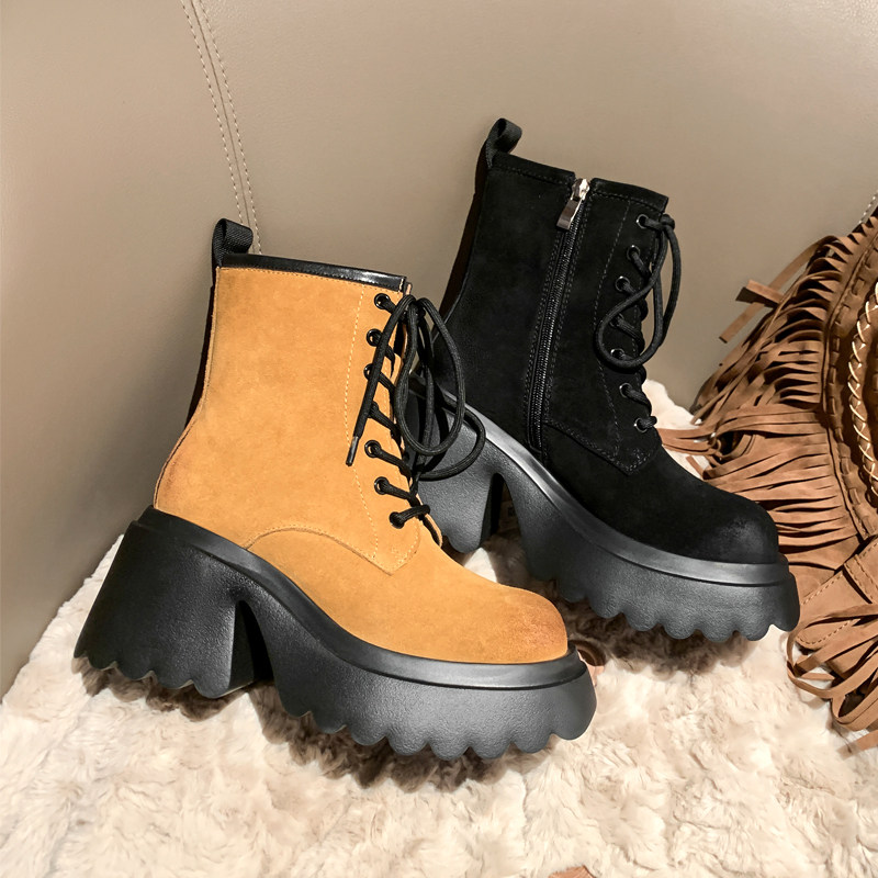 真皮小个子增高马丁靴女2024年春秋新款防水台厚底短靴潮酷露营靴