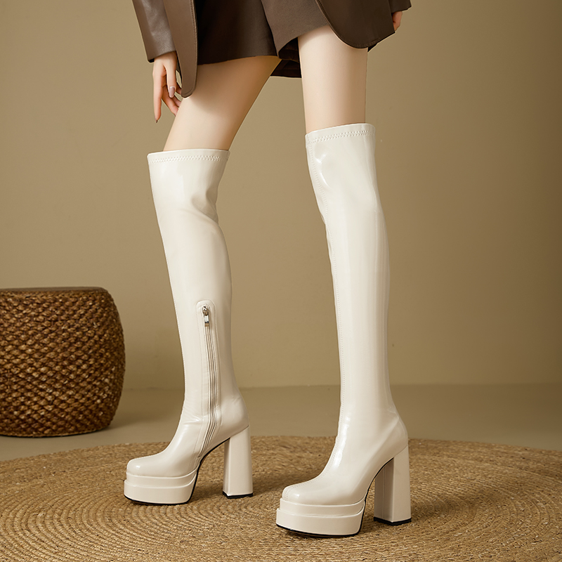 冬防水台过膝靴子白色弹力瘦瘦靴