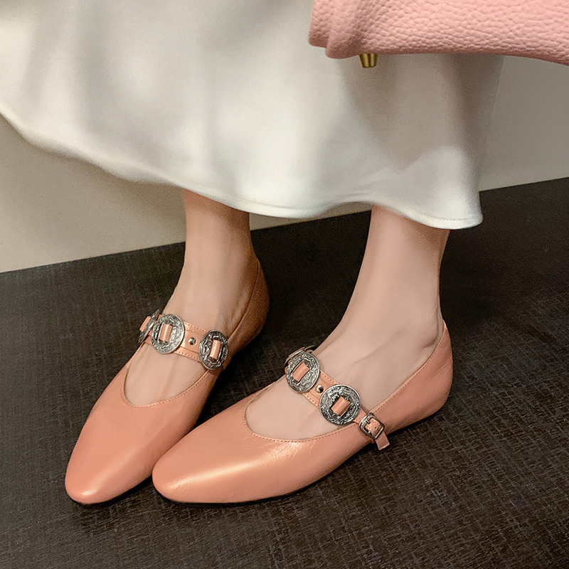 法式复古金属扣舒适软皮玛丽珍鞋