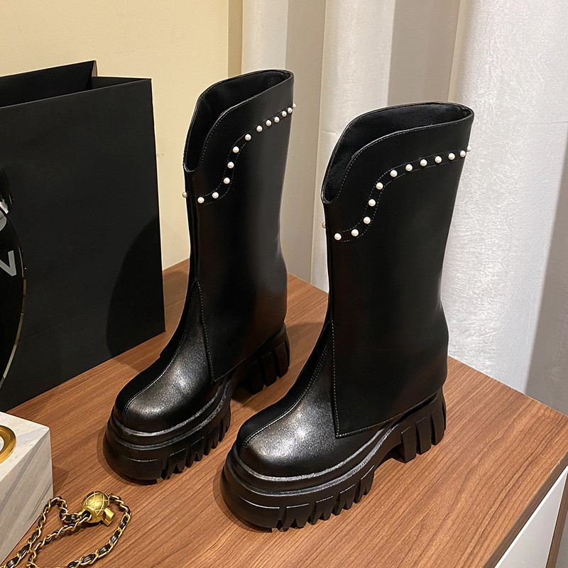 潮酷真皮西部靴欧美街头风百搭管裤大筒牛仔靴超高跟中筒切尔西靴