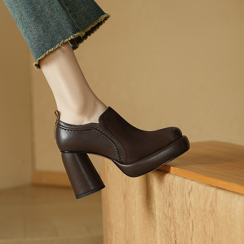 英伦复古粗跟超高跟一脚蹬乐福鞋