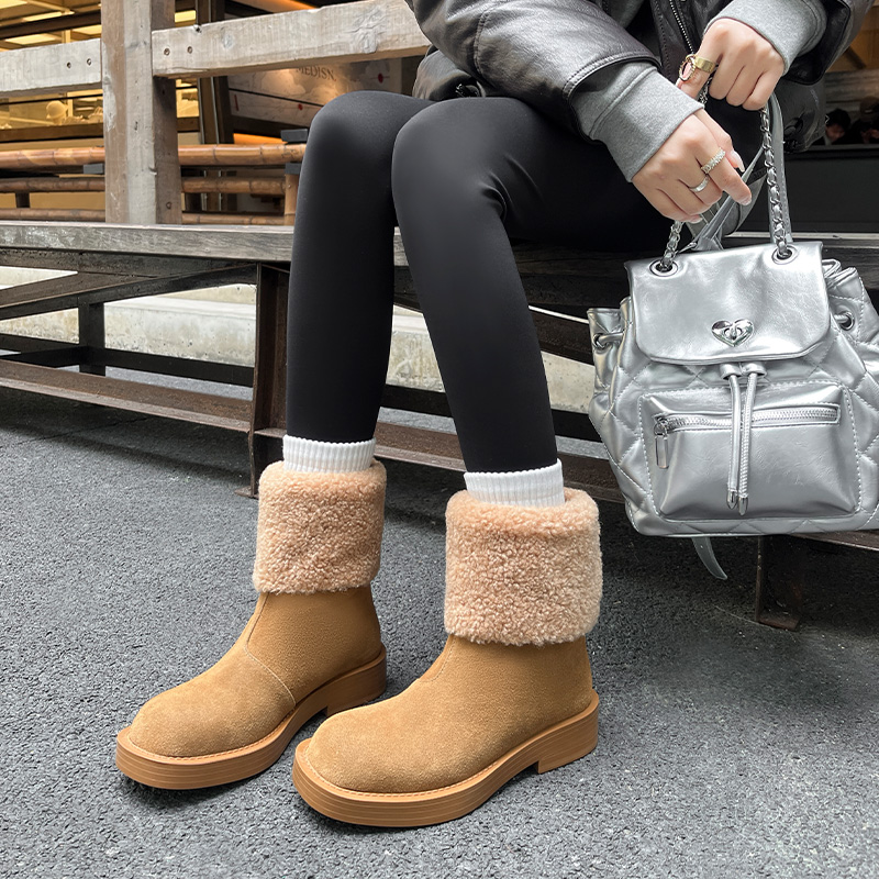 3.5cm雪地靴冬季靴子女中筒靴平底真皮棉鞋学生防滑保暖