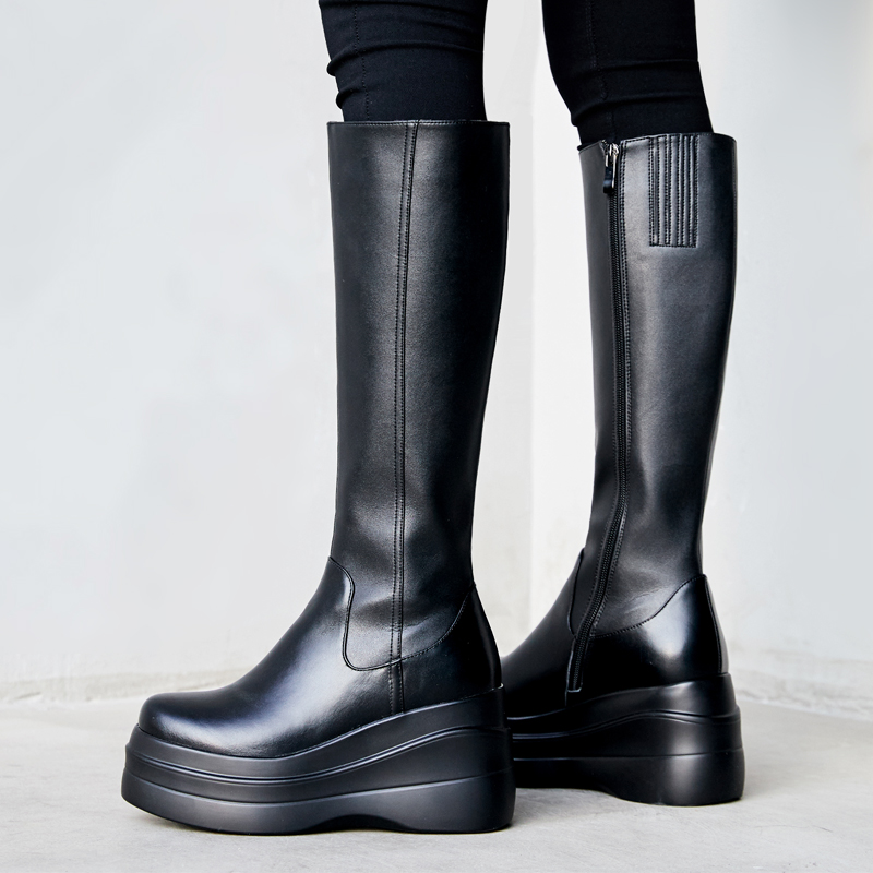 小个子增高松糕底靴子女真皮2025新款厚底不过膝高筒靴瘦瘦骑士靴