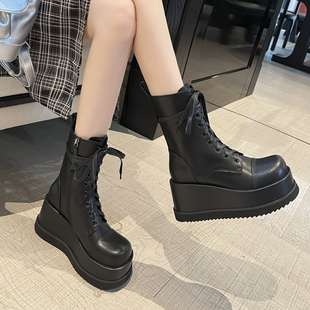 英伦风黑色增高松糕底系带机车短靴 8cm厚底马丁靴女2025秋冬新款