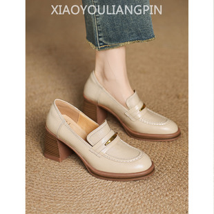 百搭粗跟乐福鞋 圆头一脚蹬小皮鞋 女2026年新款 7.5cm真皮高跟单鞋