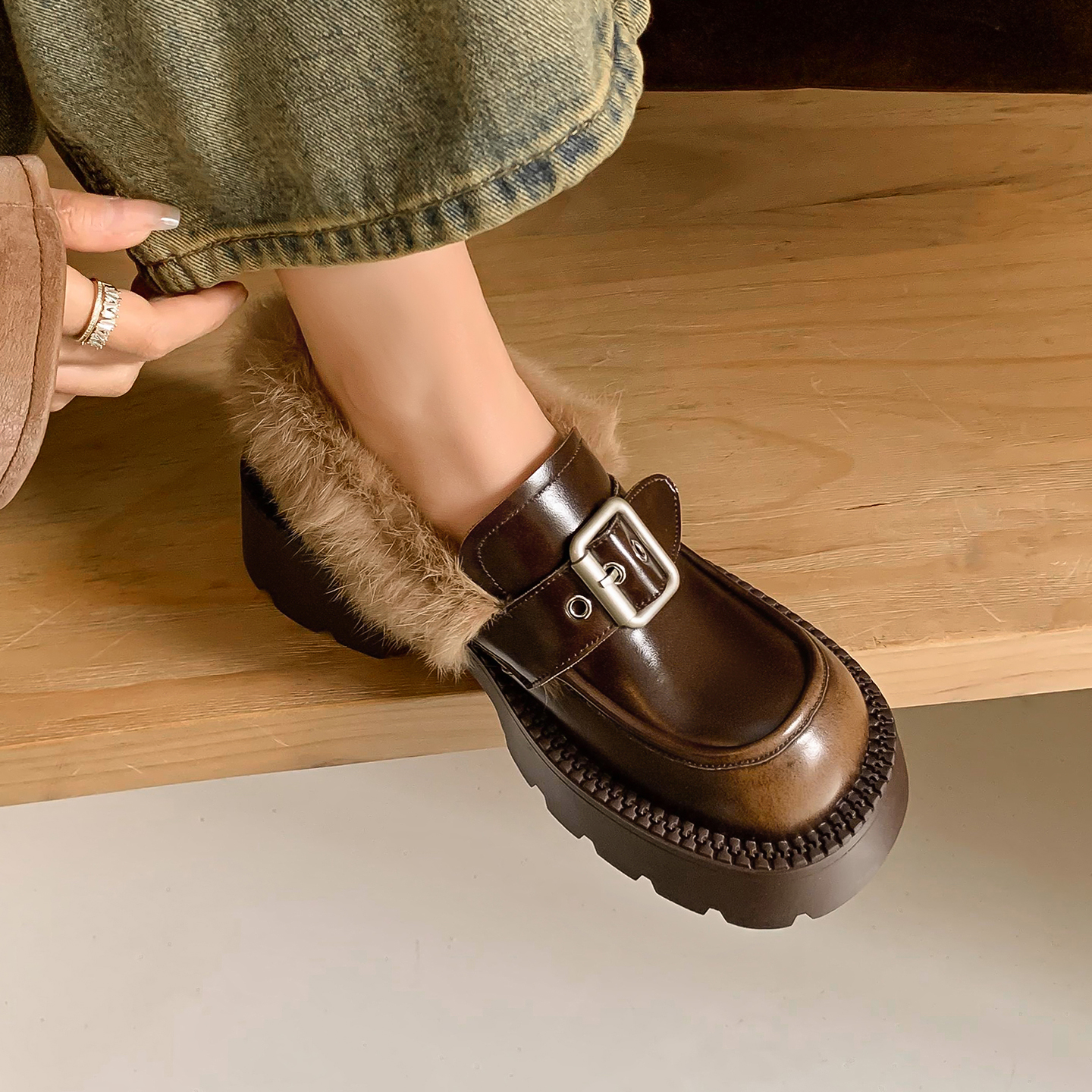 5cm粗跟毛毛乐福鞋女2025新款