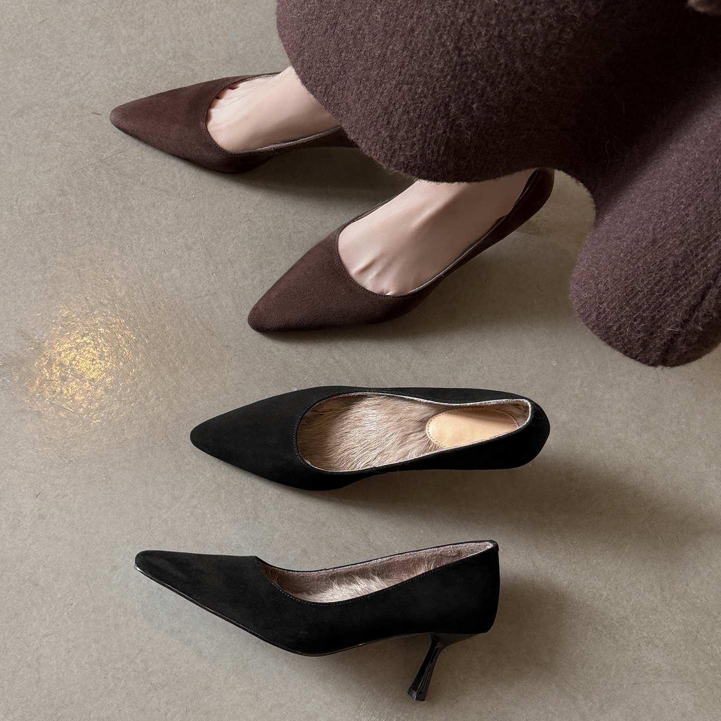 6.5cm尖头细跟高跟加绒保暖单鞋