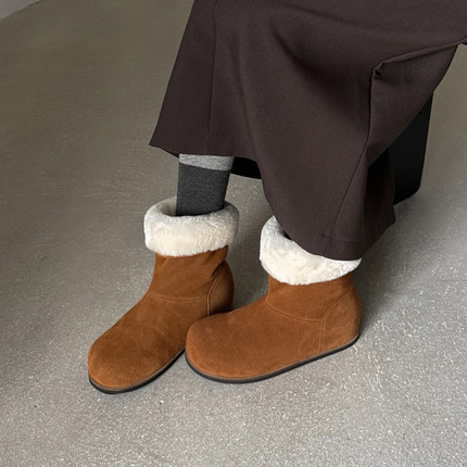 4.5cm内增高面包雪地靴女两穿防滑勃肯雪地靴真皮圆头百搭短靴子