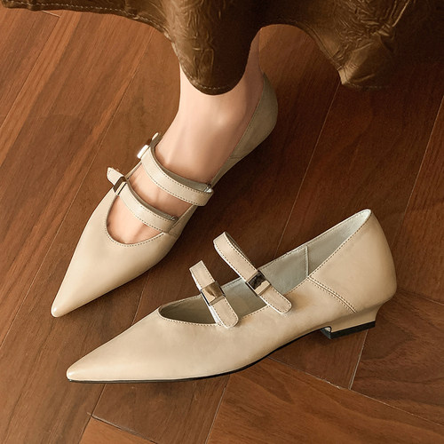 真皮红色玛丽珍鞋女2025新款尖头