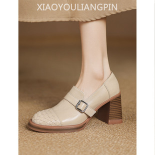 粗高跟单鞋 复古小皮鞋 女2026新款 7.5cm真皮圆头一脚蹬编织乐福鞋