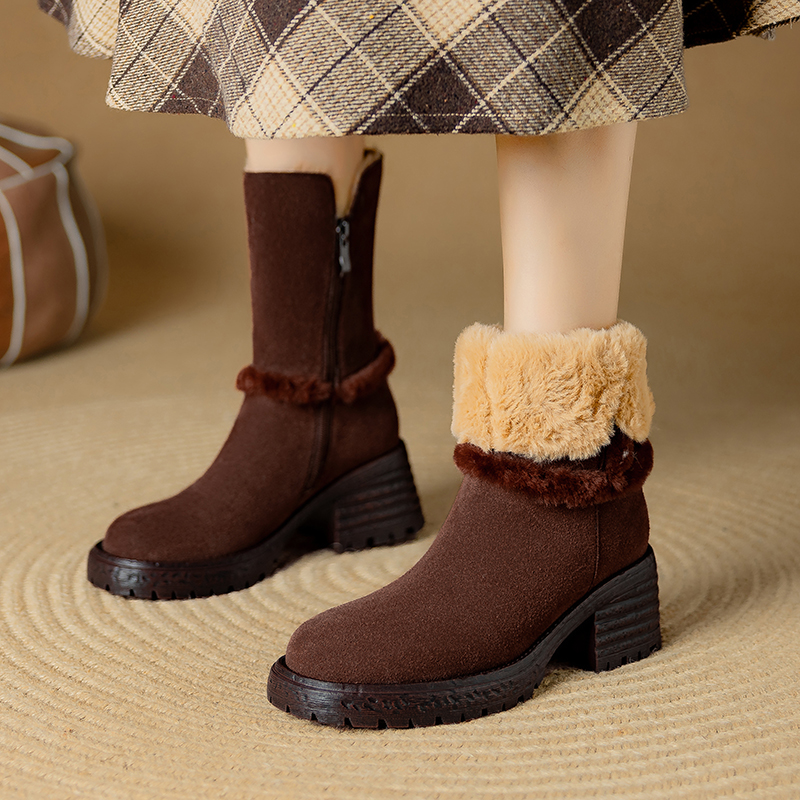 毛毛靴子女冬东北中筒高跟雪地靴