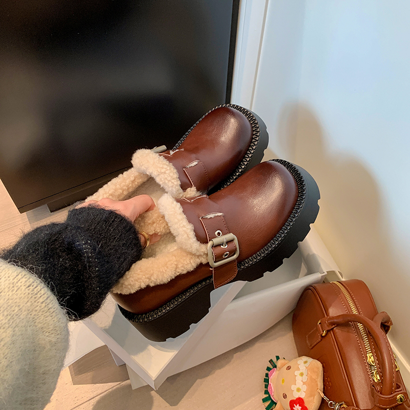 冬新款牛皮厚底乐福鞋女百搭加绒