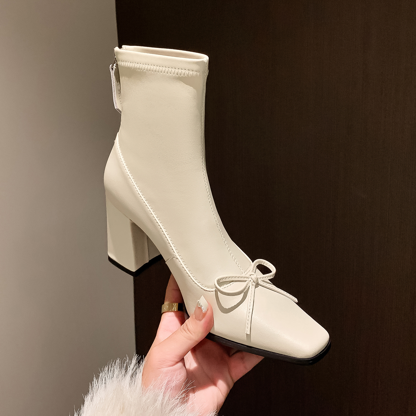 方头粗跟蝴蝶结韩系弹力瘦瘦靴