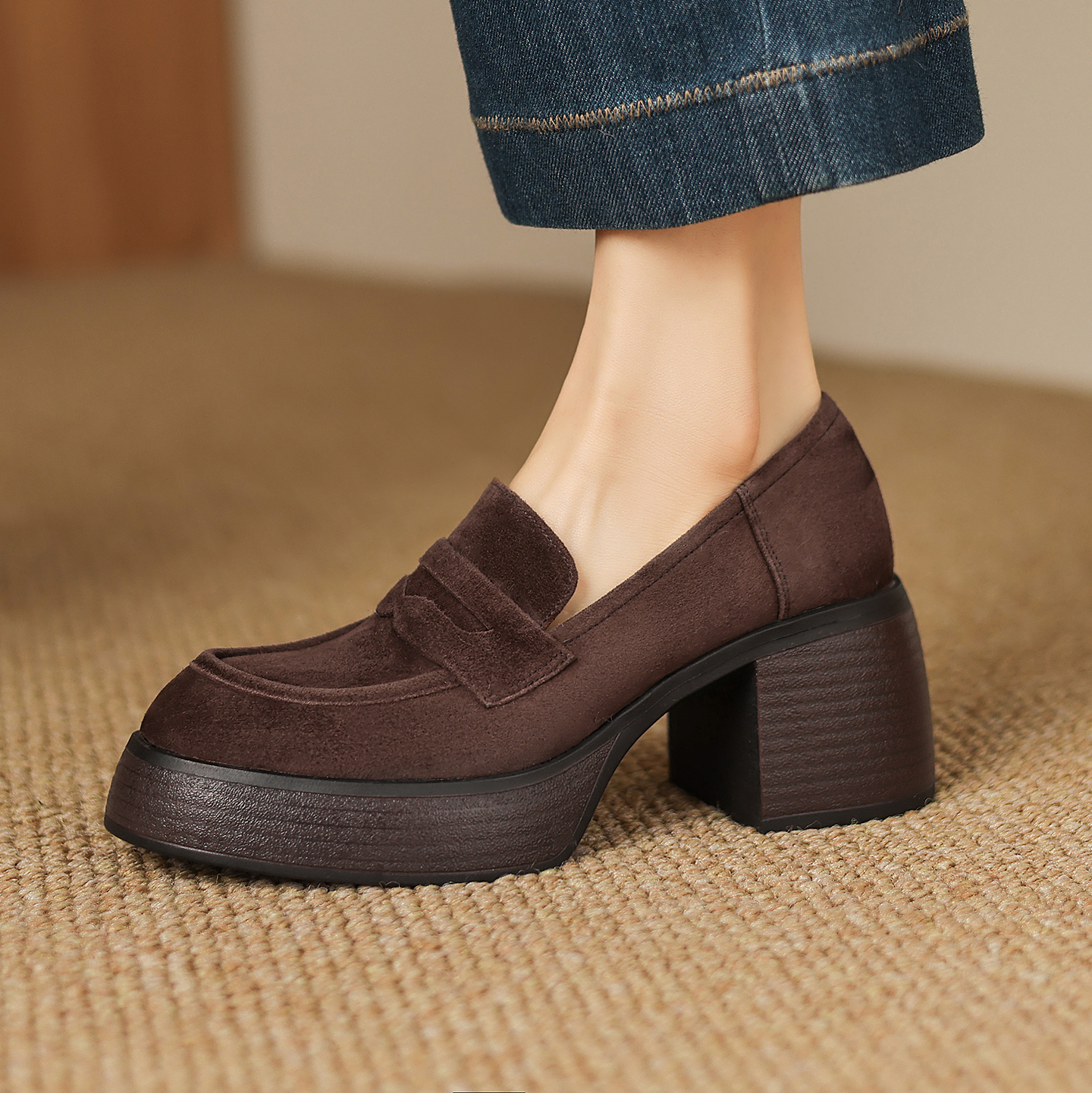 7cm真皮软底不累脚加绒乐福鞋