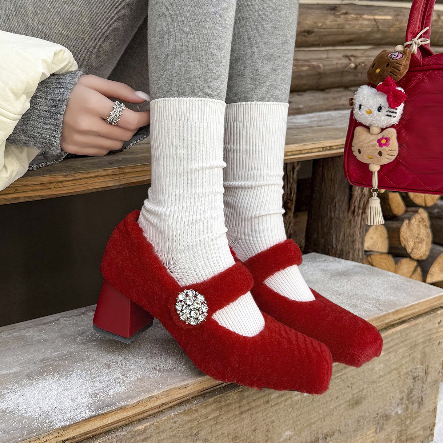 加绒粗跟水钻高跟单鞋一字带婚鞋