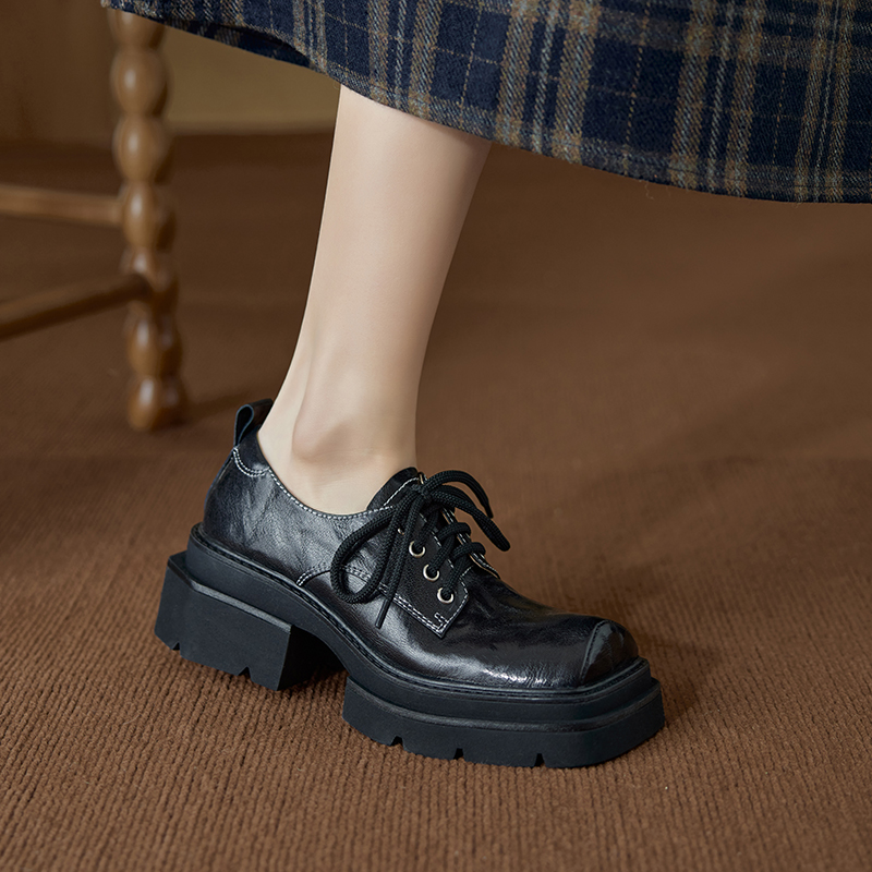 方头真皮小皮鞋百搭显瘦系带单鞋